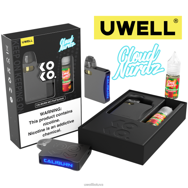 UWELL Best Vape - UWELL CALIBURN AK3 rinkinys + a3s 0,8ohm ankštys (x2) + tėčio garai 10ml druskos 50mg VF6ZZ240 crl: pilka/flv: rūgštus arbūzas braškių 50mg