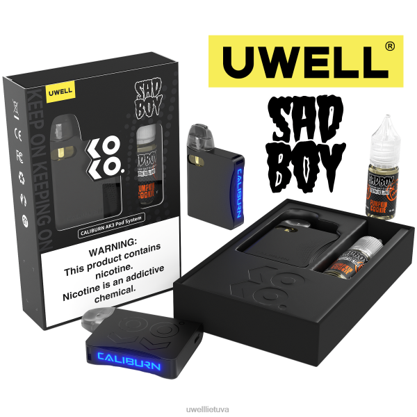 UWELL E Cigarette - UWELL CALIBURN AK3 rinkinys + a3s 0,8ohm ankštys (x2) + tėčio garai 10ml druskos 50mg VF6ZZ239 crl: juodas/flv: moliūgų sausainis 50mg